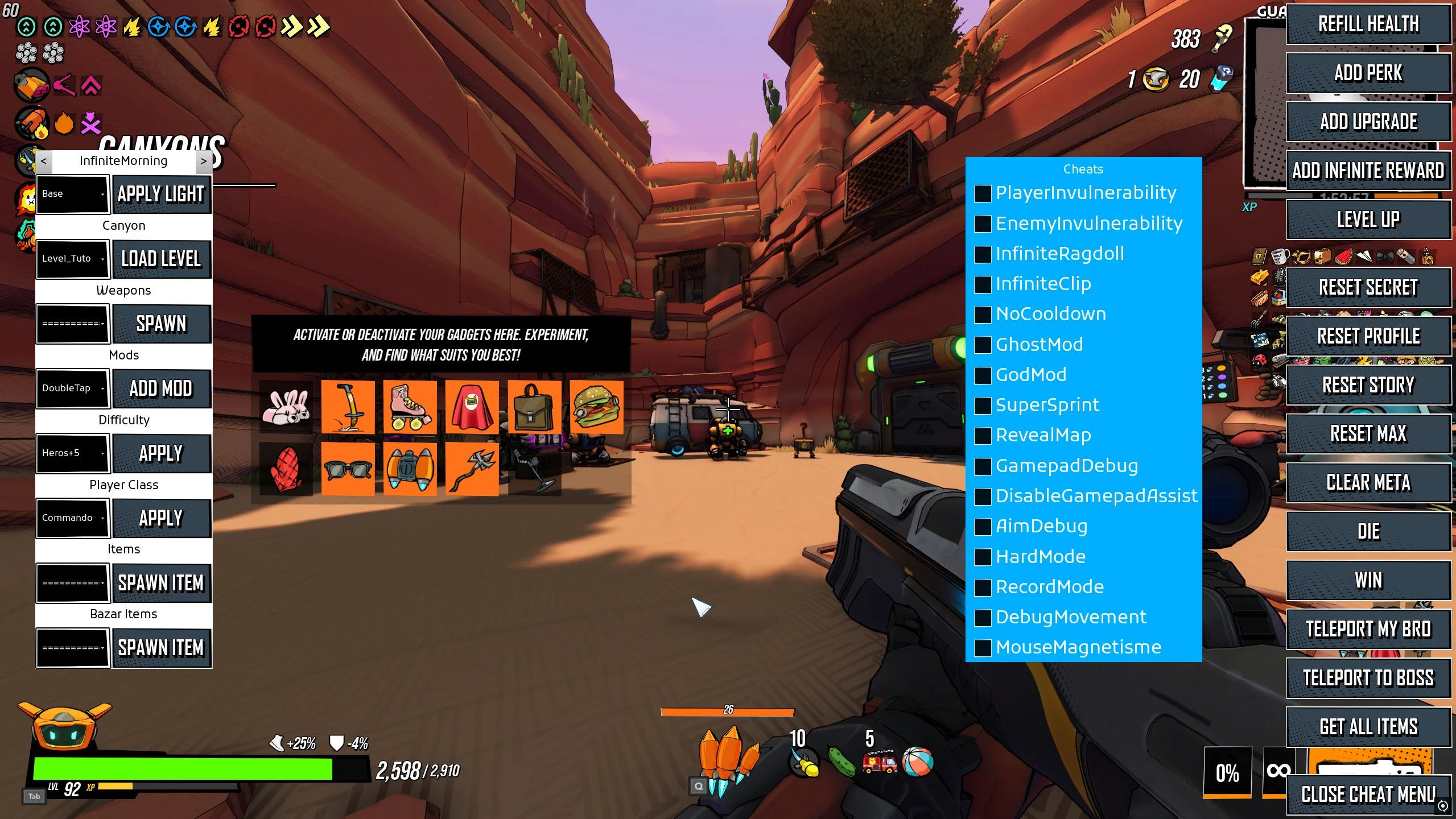 CheatHUD open in RoboQuest with its developer controls visible.
