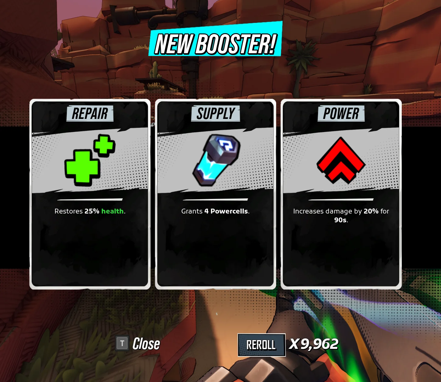RoboQuest perk chooser showing 9,962 reroll tokens.